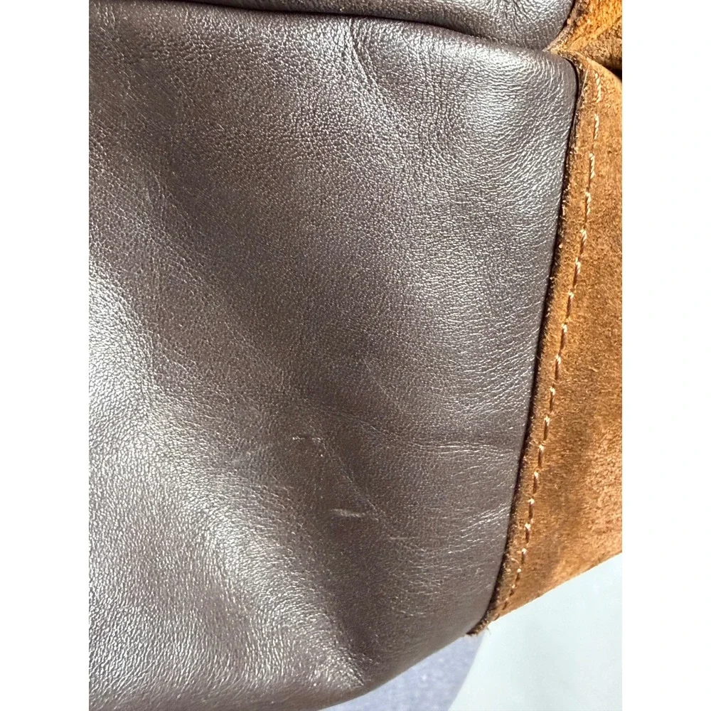 Brown Suede & Leather Tote Shoulder Bag Slouchy‎ Boho Two-Tone Snap STAINED